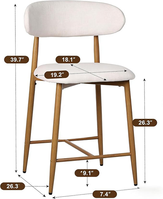 Set of 2 Counter Height Bar Stools: Upholstered Barstools with Metal Legs for Kitchen Island Dining Room in Beige - Comfortable & Chic Industrial Style, Premium Quality Bar Height Seating