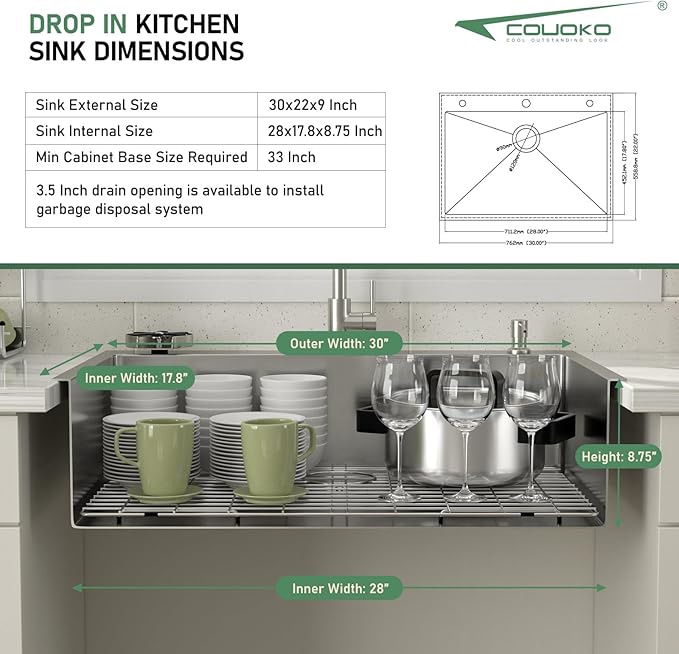 30x22 Drop In Kitchen Sink with Faucet Combo16 Gauge Stainless Steel Single Bowl Kitchen Sink Large Deep Round Corner Handmade Topmount Overmount Basin Kitchen Sinks
