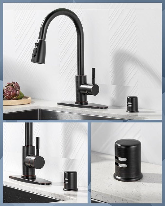 Kitchen Faucet with Air Gap: WOWOW Stainless Steel Kitchen Sink Faucet and Dishwasher Air Gap Kits for Kitchen Sink 2 or 4 Hole, Oil Rubbed Bronze Kitchen Faucet Combo with Sprayer