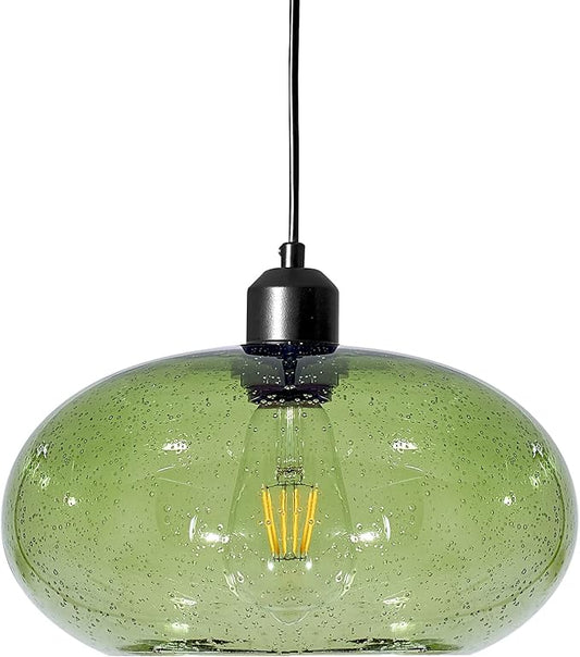 Modern Green Glass Pendant Light, 1-Light Glass Dome Shade Pendant Lighting Fixture for Kitchen Island, Sink, Counter, Bar,Nursery,Dining Room, Matte Black 10inch Diam