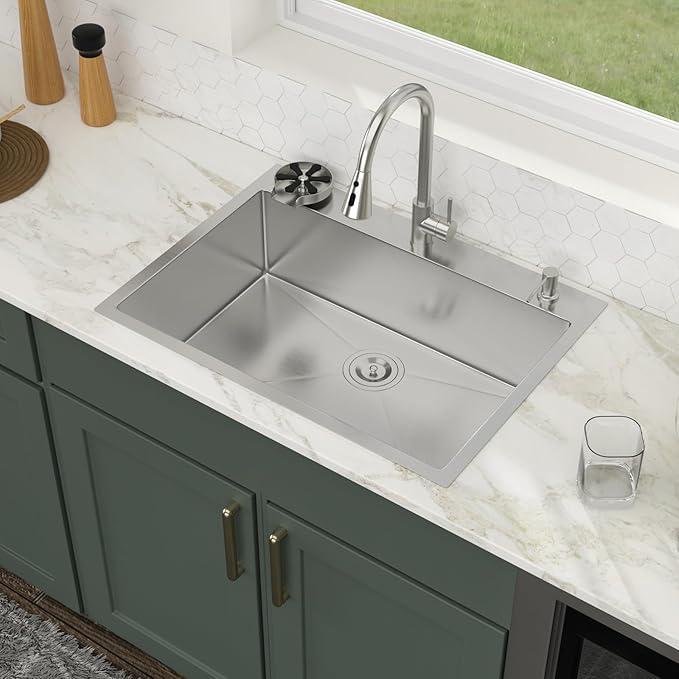 30x22 Drop in Kitchen Sink with Faucet Soap dispenser 30 Inch Stainless Steel Sinks Topmount 16 Guage 304 Single Bowl 9'' Deep Sinks with Cup Washer LMT30229-F