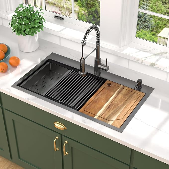 36 Inch Drop-In Double Bowl Kitchen Sink with Faucet, 16 Gauge 304 Stainless Steel 50/50 Low Divide Workstation All-In One Large Sink with Accessories Gunmetal Black #TL-FDOE00094