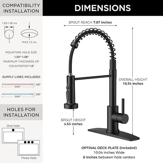 FORIOUS Black Kitchen Faucets with Sprayer, Stainless Steel Sink Faucet Single Handle with Deck Plate, Commercial Classic Spring Faucet for Kitchen Sink, Bar & Prep Sinks, Laundry RV Camper