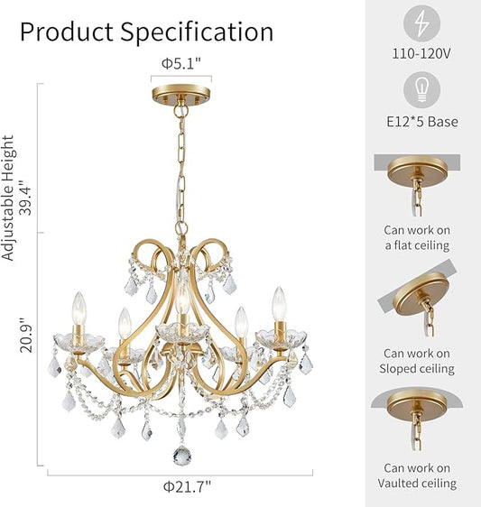 WUZUPS Crystal 5-Light Candle Chandelier Pendant Flushmount Ceiling Light Modern Lighting Fixture for Bedroom Hallway Bar Kitchen Bathroom, H 20.9" x W 21.7", Gold, E12 Base