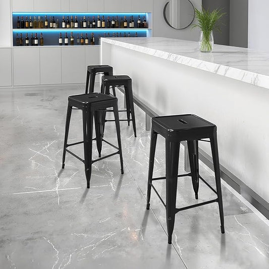 Sweetcrispy Metal Bar Stools Set of 8, 24 Inch Stackable Restaurant Classic Trattoria Metal Chairs, Backless Counter Height Barstool Chairs for Dining Room, Kitchen Island, Indoor Outdoor Use, Inky