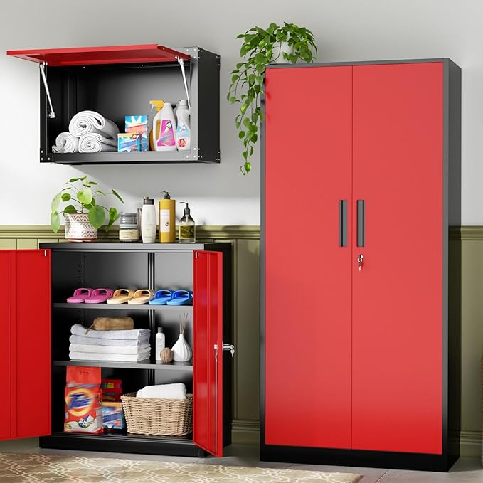 INTERGREAT Metal Storage Cabinet, 72" Locking Steel Cabinets with 2 Door and 4 Adjustable Shelves, Tall Metal Cabinet for Home Office, Garage, Warehouse,(Black+Red)