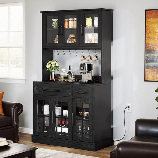 DWVO 2-Pack Kitchen Pantry Storage Cabinet Set, 71'' Tall Coffee Bar Cabinets with Microwave Stand and Power Outlet, Glass Door Kitchen Hutch with Drawers & Shelves for Home Living Dining Room, Black