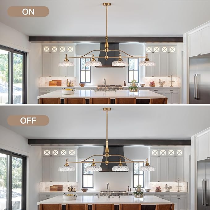 HDDFL Chandeliers Light Pendant Light Fixture Vintage Pendant Lighting Fixtures 4 Lights Chandelier Matte Brass Hanging Light Kitchen Glass Pendant Lights for Island Dining Room Living Room