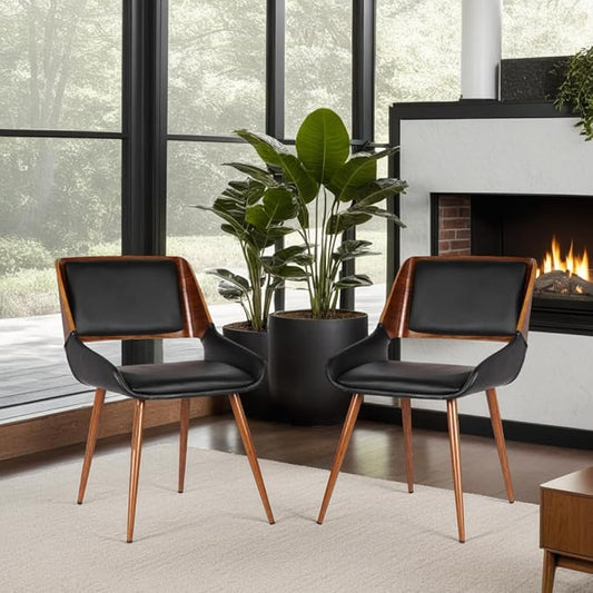 Armen Living Panda Dining Chair, Single, Black Faux Leather/Walnut