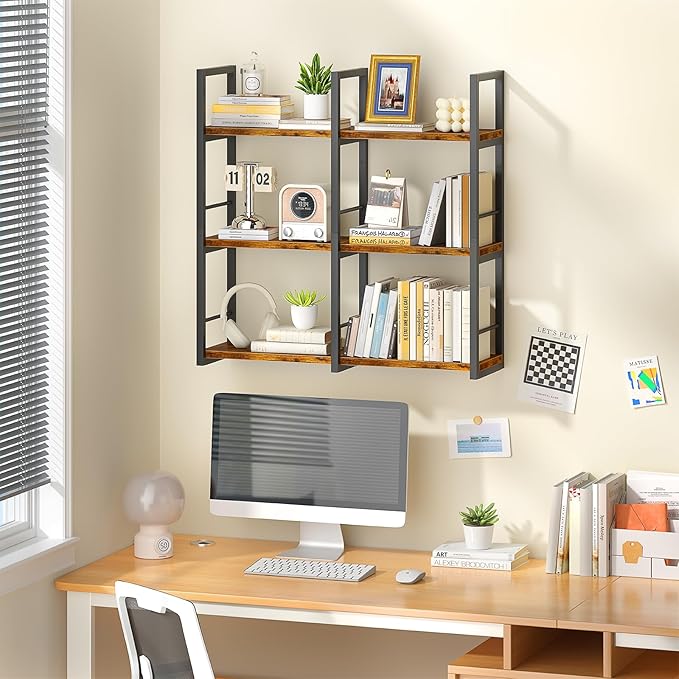 31.5 Inch Floating Shelves, 6 Tier Wood Shelves for Wall, Heavy Duty Wide Wall Mount Shelves for Living Room Bedroom Kitchen Classroom, Rustic Brown