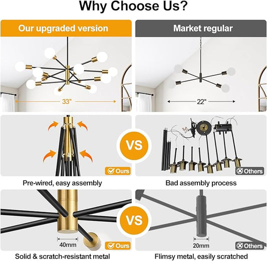 33" Modern Chandelier Ceiling Light Fixture, 12-Light Sputnik Chandeliers Brushed Gold and Black Mid Century Chandelier Over Table, Height Adjustable Chandeliers for Dining Room Living Room Kitchen