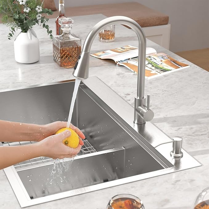 33 Inch Drop-In Double Bowl Kitchen Sink, 16 Gauge 304 Stainless Steel 60/40 Low Divide Workstation All-In One Large Sink with Accessories, Brushed Nickel #TLDB-502