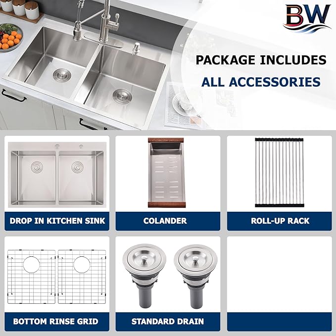 33x22 Double Bowl Drop In Kitchen Sink - 16 Gauge Stainless Steel Top Mount Drop In Sink, 50/50 Split, Durable for Home Kitchen