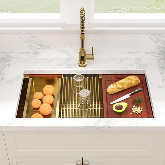 Sarlai 33 Inch Gold Undermount Kitchen Sink Double Bowl 33 x 19 Inch Low Divided Gold Workstation Double Kitchen Sink Stainless Steel 16 Gauge 50/50 Sinks Basin