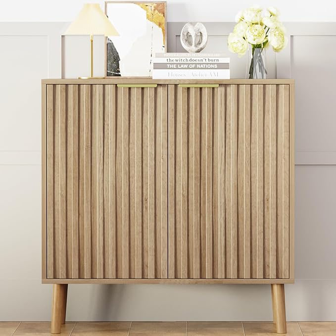 Vrullu Fluted Storage Cabinet, Free Standing Buffet, Wood Sideboard, Multifunctional Accent Storage for Living Room, Hallway, Entryway, Dining Room (1, Oak)