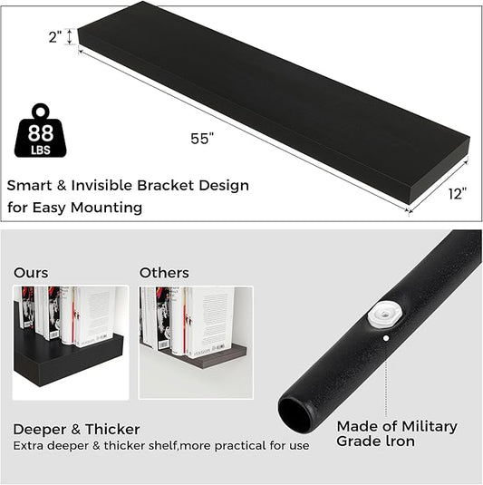 Venusmiles Floating Shelves for Wall, 55 Inch Wide x 12 Inch Deep Floating Shelves, Long Wood Floating Wall Shelf Shelves for Living Room Bathroom Bedroom Kitchen Home - (Black, 55" W x 12" D x 2" H)