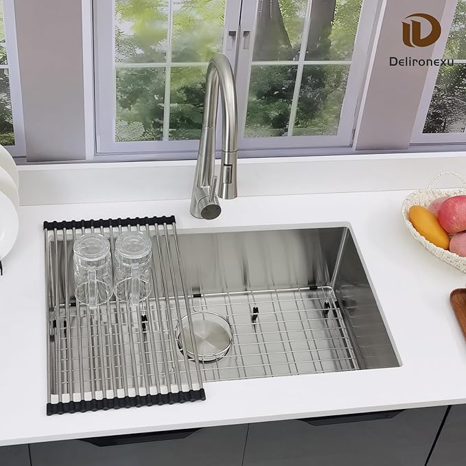 28 Inch Undermount Kitchen Sink, Delironexu 16 Gauge 304 Stainless Steel Kitchen Sink, 28" x 18" Single Bowl Undermount Sink with 4 Accessories: Bottom Grid, Roll-Up Rack, Drain & Towel