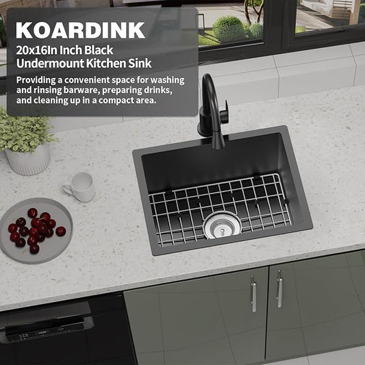 Black Kitchen And Bar Sink, 20x16 Inch Stainless Steel Undermount Modern Single Bowl Kitchen And Bar Sink Combo-SS Grid,Silicon Mat,Drain Strainer Set Compatibility With Various Kitchen&Bar Style