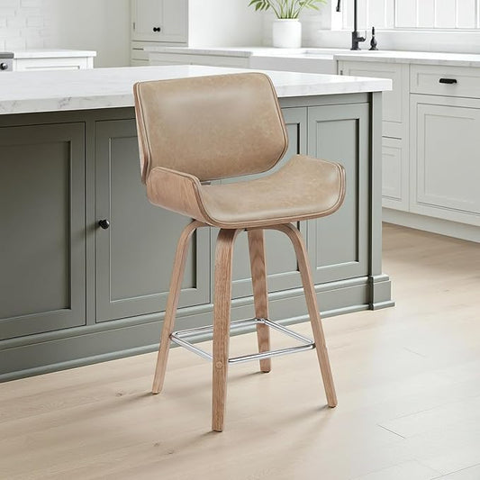 Tyler Modern Counter Height Swivel Bar Stool with White Wash Finished Wood and Vintage Brown Upholstery Set of 2