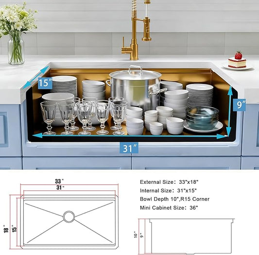 Gold Undermount Kitchen Sink 33 Inch,16 Gauge SUS304 Stainless Steel All In One Workstation Sinks With Full Set Accessories, 33" x 18" x 10" Large and Deep Handmade Single Bowl Kitchen Sinks