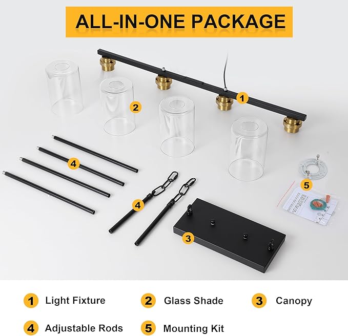 Mecgirn Island Light for Kitchen, Black and Gold Dining Room Light Fixture Over Table, 4-Light Linear Chandelier Pendant Lighting for Dining Table Kitchen Island Living Room