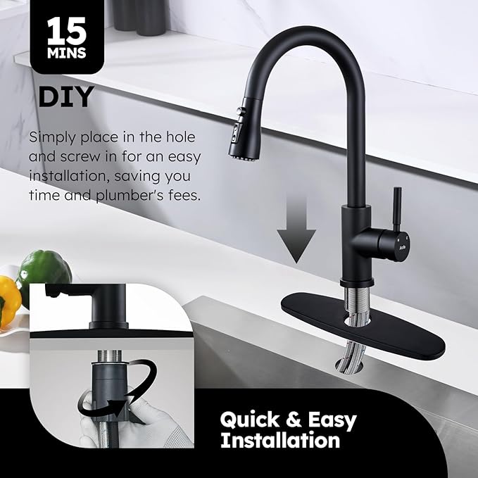 Arofa Kitchen Faucet with Soap Dispenser, Stainless Steel Kitchen Sink Faucet with Pull Down Sprayer 3 Mode Single Handle Gooseneck Pull Out Kitchen Faucet, Matte Black Bathroom Sink Faucet