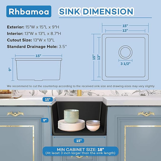 Rhbamoa Black Bar Sink Granite Composite,15''x15'' Matte Black Bar Sink Undermount,15 inch Small Single Bowl Quartz Kitchen Sinks with Accessories