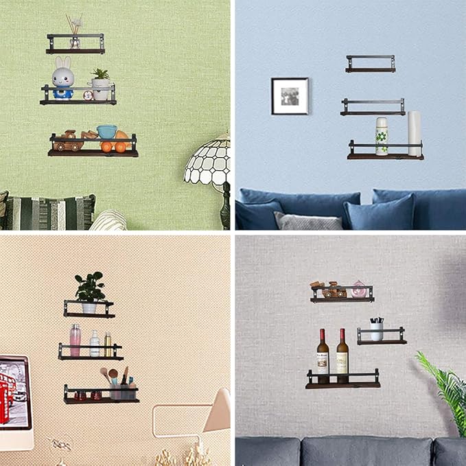 PHUNAYA Floating Shelves Rustic Wood Wall Mounted Shelf Practical Metal Fence Design Ideal for Bedroom, Bathroom, Kitchen Set of 3(Brown)