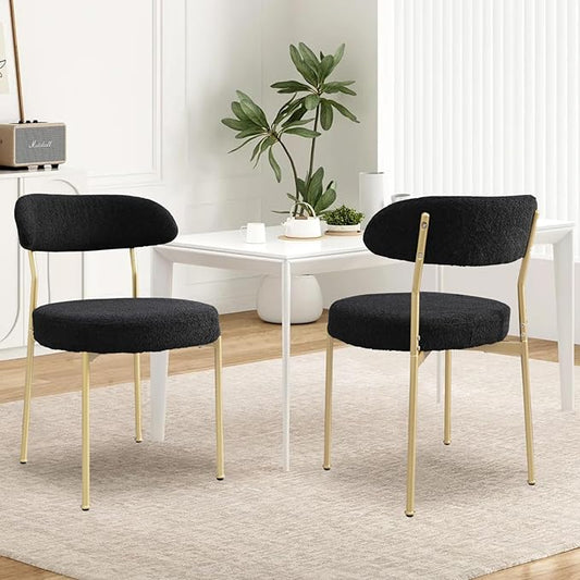 Black Boucle Dining Chair Set of 4, Modern Oval Upholstered Dining Chairs with Curved Back and Metal Leg for Dining Room,Restaurant,Kitchen Island(Gold Leg)