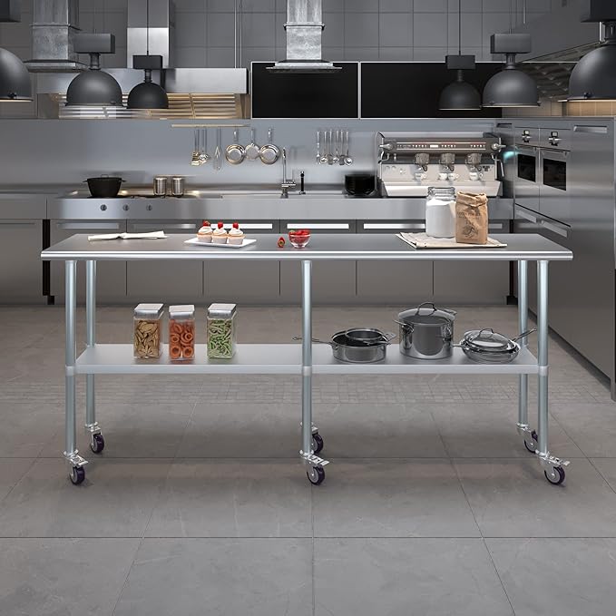 Stainless Steel Work Table with Wheels | NSF Kitchen Island Food Prep | Laundry Garage Utility Bench (Table + Wheels, 84" Long x 18" Deep)