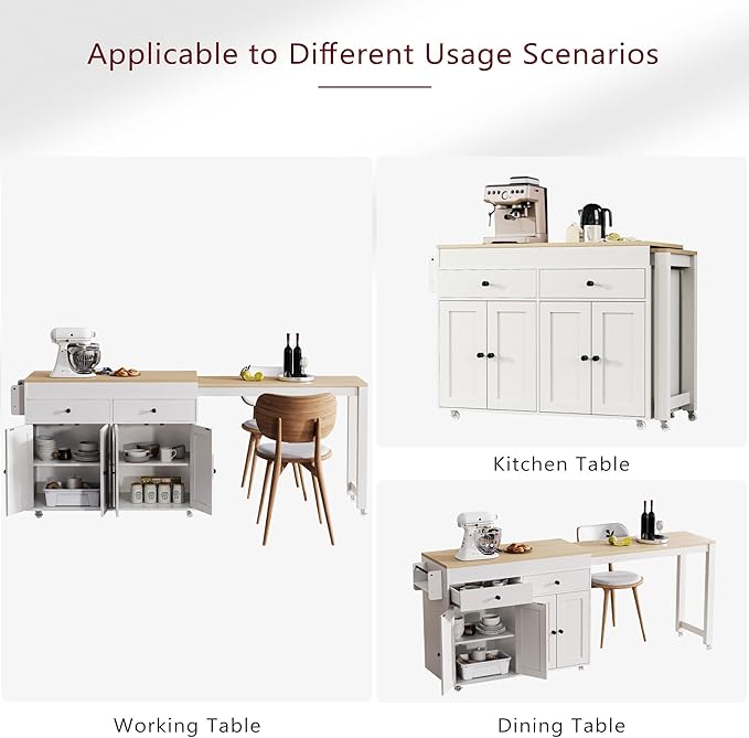 74.5 Inch Kitchen Island with Extendable Dining Table, Rolling on Wheels, Spice Rack, 2 Drawers, 4 Door Cabinet(White)