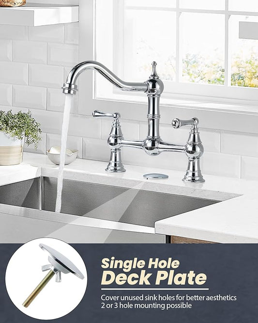 WOWOW Chrome Kitchen Faucet for Sink 2 or 3 Hole Solid Brass Kitchen Sink Faucet, 8 inch Centerset Bridge Faucet for Kitchen Sink, 2 Handles Classic Heritage Bridge Kitchen Faucet