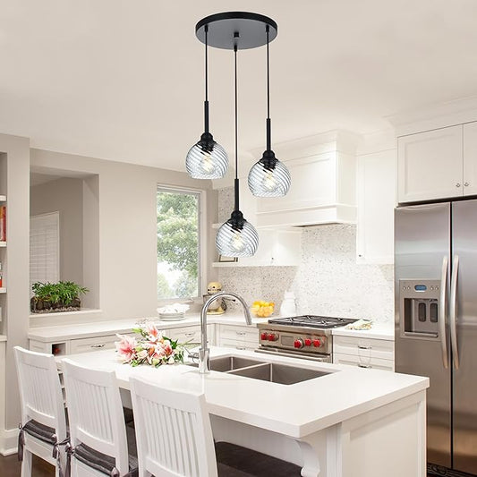 3 Light Black Cluster Pendant Light with Striped Swirl Globe Glass Pendant Lighting for Kitchen Island, Modern Dining Room Light Fixtures Over Table Hanging Ceiling Light, E26 Base