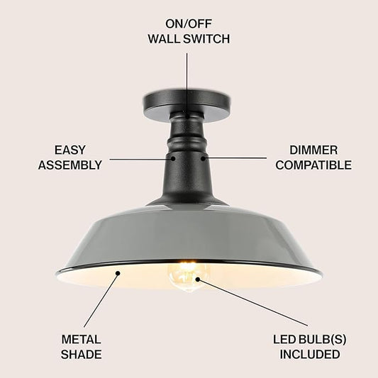 JONATHAN Y 14" Gray/Black 1-Light Industrial LED Semi Flush Mount Ceiling Light for Porch, Kitchen, Entryway, Modern Farmhouse Iron Fixture, White Metal Shade, LED Bulb Included (JYL7617D)
