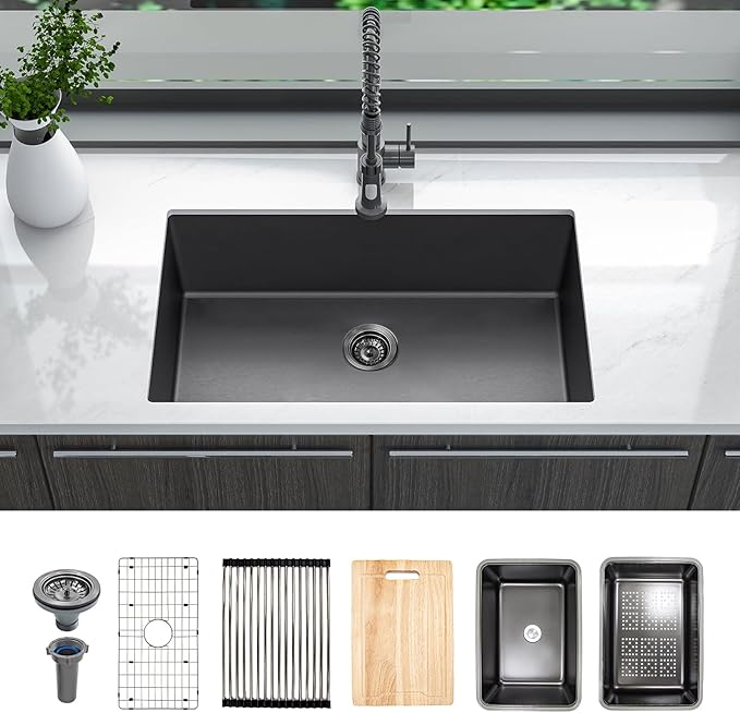 Black Kitchen Sink, 32 Inch Stainless Steel 32''×18'' ×9'' Undermount Single Bowl Workstation Black Kitchen Sink with Accessories