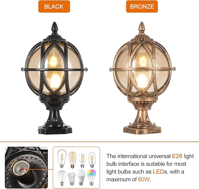 Outdoor Post Light Fixture, E26 Base 60W Max Column Lights with Bronze Aluminum Housing Plus Amber Glass IP55 Waterproof Exterior Pillar Lantern for Driveway Yard Lawn Patio Garden