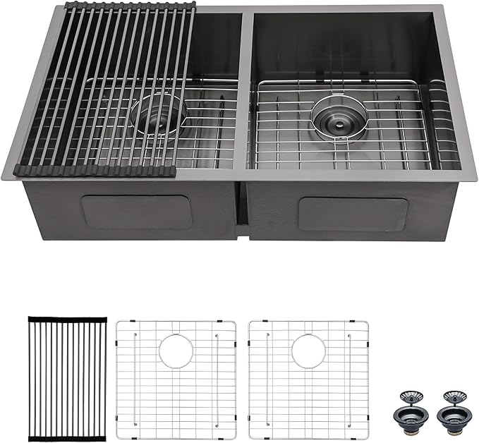 Mocoloo 33 Black Drop In Kitchen Sink 33x22 Inch Gunmetal Black Stainless Sink Double Bowl 60/40 Topmount 16 Gauge Kitchen Sink Handmade Basin