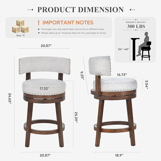 COLAMY Swivel Counter Height Bar Stools Set of 3, 25 Inch Modern Upholstered Kitchen Island Barstools with Back, Wood Swivel Bar Chairs for Dining Room, Beige