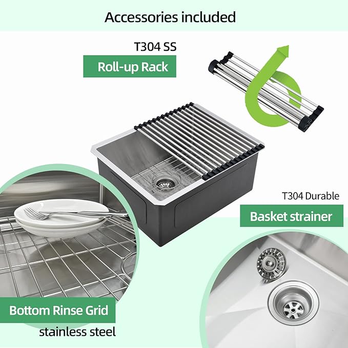 Undermount Kitchen Sink, 24 x 19 x 10 Inch 16 Gauge Single Bowl Kitchen Sink T-304 Stainless Steel Laundry Sinks