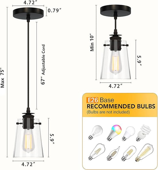 3Pack Pendant Lights Kitchen Island, Modern Industrial Pendant Light Fixtures with Glass Shade, E26 Socket Adjustable Cord for Dining Room, Bedroom, Living Room, Farmhouse Pendant Lighting