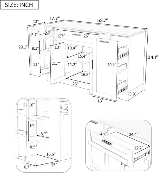 Multi-Functional Storage Sideboard, Extendable Dining Table, Adjustable Shelves, 3-Tier Pull-Out Rack, Kitchen Island Storage for Kitchen, Dining Room, Living Room, White