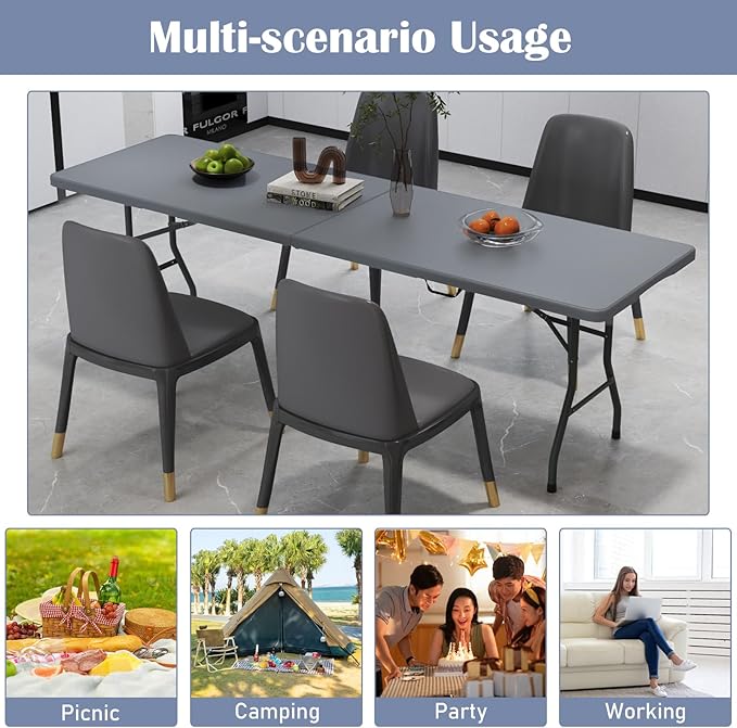 Tangkula 8 FT Folding Table, Indoor Outdoor Foldable Plastic Table with HDPE Tabletop, Sturdy Metal Fame, Carrying Handle, Heavy Duty Portable Fold-in-Half Picnic Table for Camping BBQ Party