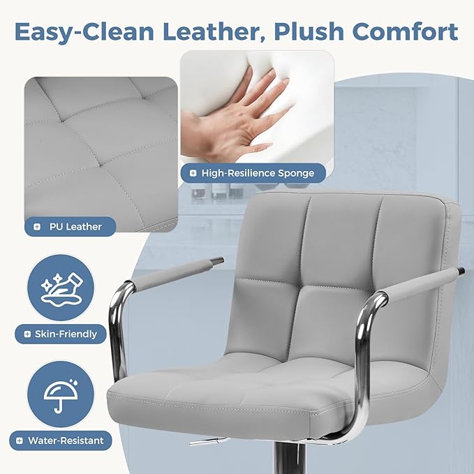 DUMOS Bar Stools Set of 2, Adjustable Swivel Bar Chairs with Padded Armrests and Ergonomic Backrest for Kitchen Island Counter Pub Dining Room, Water-Resistant PU Leather, Grey