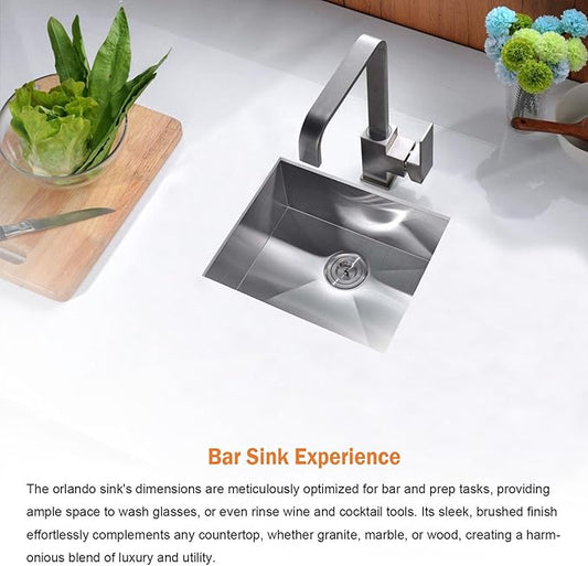 13 Inch Undermount Bar Sink, ORLANDO 13'' x 15'' Stainless Steel Bar Sink 18 Gauge Handmade Undermount Single Bowl Small Kitchen Sink with Strainer