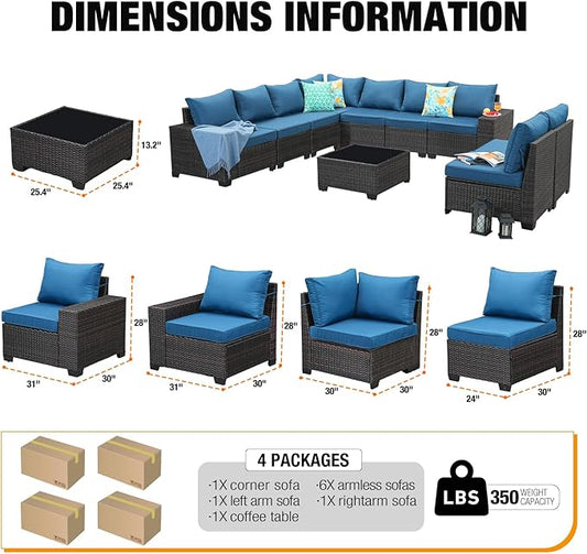 JOYURE 10 Pieces Patio Furniture Set All-Weather Outdoor Wicker Sectional Conversation Sofa Rattan Patio Seating Sofa with Cushion and Glass Table for Porch Poolside,Peacock Blue