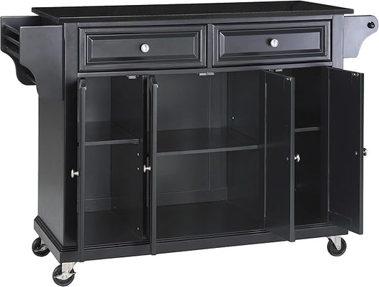 Crosley Furniture Full Size Granite Top Rolling Kitchen Island Storage Cart, Microwave Stand, Spice Rack, Black