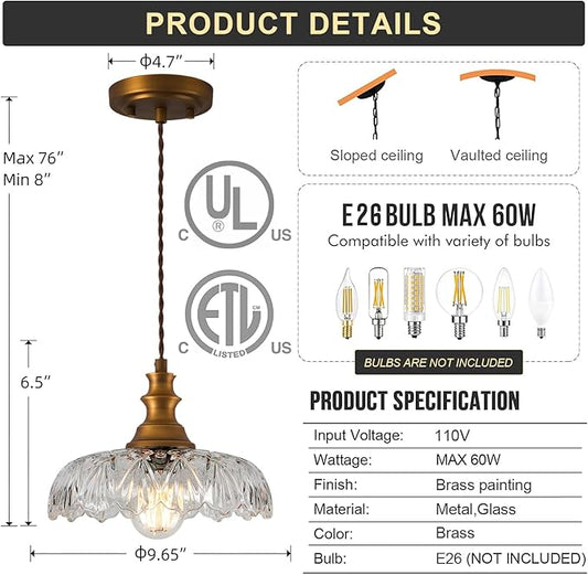 Vintage/Antique Brass Glass Pendant Light Fixture Over Sink/Table for Kitchen Island,Farmhouse Gold Hanging Pendant Chandelier for Bedroom Hotel Dining Room
