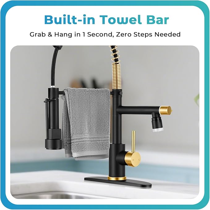 LED Kitchen Faucet with Pull Down Sprayer - Black & Brushed Gold Single Handle Commercial Kitchen Faucets, 2-Spout Kitchen Sink Faucet, Stainless Steel Spring Pull Out Sink Faucet 1/3 Hole