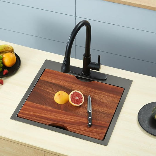 Kitchen Sink, 21 x 20 x 10 Drop in Kitchen Sink 16 Gauge Gunmetal Black Stainless Steel Workstation Sink Topmount Single Bowl with Cutting Board