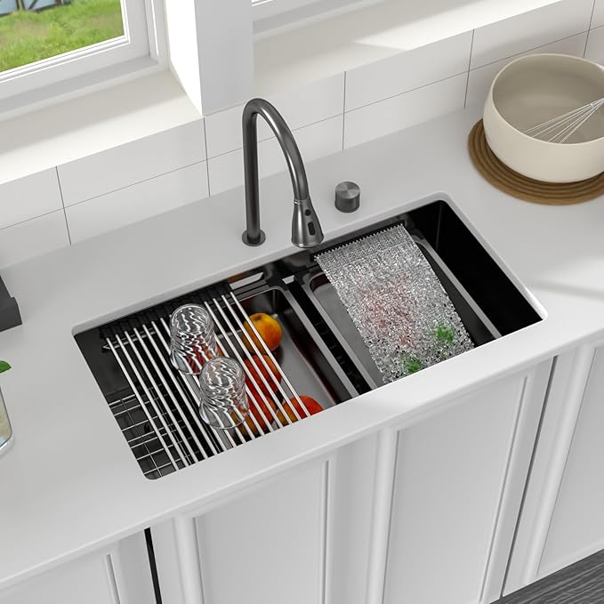 Logmey 30" Undermount Waterfall Sink with Pull-out Faucet & Temperature Control Knob,Nano PVD Gunmetal Black 30x17 Double Step Workstation Kitchen Sink,16 Gauge All in One Single Bowl Sinks